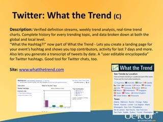 Twitter: What the Trend (C)Description: Verified definition streams, weekly trend analysis, real-time trend charts. Complete history for every trending topic, and data broken down at both the global and local level. “What the Hashtag?!” now part of What the Trend - Lets you create a landing page for your event’s hashtag and shows you top contributors, activity for last 7 days and more. Also lets you generate a transcript of tweets by date. A “user editable encyclopedia” for Twitter hashtags. Good tool for Twitter chats, too. Site: www.whatthetrend.com