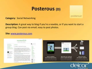 Category:  Presentation SoftwareDescription:  An alternative to Powerpoint, “create astonishing presentations live and on the web.”  Free.Site: www.prezi.comPrezi(L)
