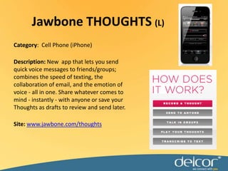 Jawbone THOUGHTS (L)<br />Category:  Cell Phone (iPhone)<br />Description: New  app that lets you send quick voice message...