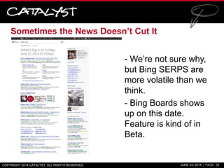 Sometimes the News Doesn’t Cut It
• - We’re not sure why,
but Bing SERPS are
more volatile than we
think.
• - Bing Boards ...