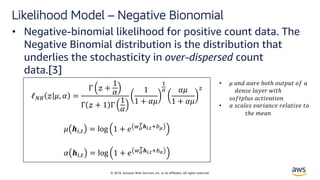 © 2018, Amazon Web Services, Inc. or its affiliates. All rights reserved.
Likelihood Model – Negative Bionomial
• Negative-binomial likelihood for positive count data. The
Negative Binomial distribution is the distribution that
underlies the stochasticity in over-dispersed count
data.[3]
ℓ"# $ %, ' =
Γ $ +
1
'
Γ $ + 1 Γ
1
'
1
1 + '%
,
- '%
1 + '%
$
% ./,0 = log 1 + 4 56
7.8,9:;6
' ./,0 = log 1 + 4 5<
7.8,9:;<
• % =>? '=@4 ABCℎ BECFEC BG =
?4>H4 I=J4@ KLCℎ
HBGCFIEH =MCLN=CLB>
• ' HM=I4H N=@L=>M4 @4I=CLN4 CB
Cℎ4 O4=>
 
