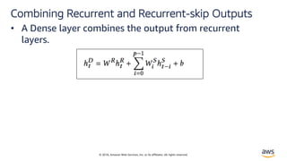 © 2018, Amazon Web Services, Inc. or its affiliates. All rights reserved.
Combining Recurrent and Recurrent-skip Outputs
• A Dense layer combines the output from recurrent
layers.
 