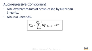 © 2018, Amazon Web Services, Inc. or its affiliates. All rights reserved.
Autoregressive Component
• ARC overcomes loss of scale, cased by DNN non-
linearity.
• ARC is a linear AR.
 