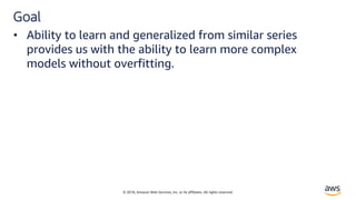 © 2018, Amazon Web Services, Inc. or its affiliates. All rights reserved.
Goal
• Ability to learn and generalized from similar series
provides us with the ability to learn more complex
models without overfitting.
 