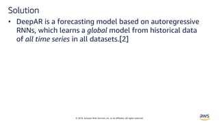 © 2018, Amazon Web Services, Inc. or its affiliates. All rights reserved.
Solution
• DeepAR is a forecasting model based on autoregressive
RNNs, which learns a global model from historical data
of all time series in all datasets.[2]
 