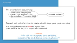 This presentation is about linking:
- Time-Series-Analysis (TSA)
- Network- or Graph-Analysis Conﬂuent Platform
- Complex Event Processing (CEP).
Research work ends often with nice charts, scientiﬁc papers, and conference talks.
But, many published results can’t be reproduced -
often because the setup it is simply too complicated ...
Question:
How can we integrate data streams,
experiments, and decision making better?
 