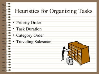 Heuristics for Organizing Tasks Priority Order Task Duration Category Order Traveling Salesman 