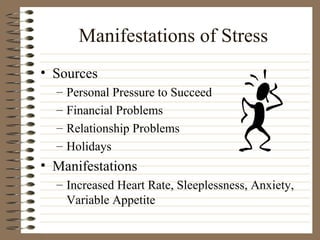 Manifestations of Stress <ul><li>Sources </li></ul><ul><ul><li>Personal Pressure to Succeed </li></ul></ul><ul><ul><li>Fin...