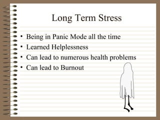 Long Term Stress <ul><li>Being in Panic Mode all the time </li></ul><ul><li>Learned Helplessness </li></ul><ul><li>Can lea...