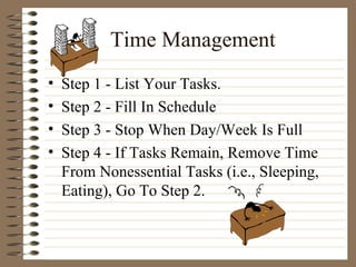 Time Management <ul><li>Step 1 - List Your Tasks. </li></ul><ul><li>Step 2 - Fill In Schedule </li></ul><ul><li>Step 3 - S...