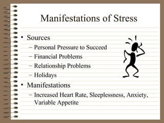 Manifestations of Stress Sources Personal Pressure to Succeed Financial Problems Relationship Problems Holidays Manifestations Increased Heart Rate, Sleeplessness, Anxiety, Variable Appetite  