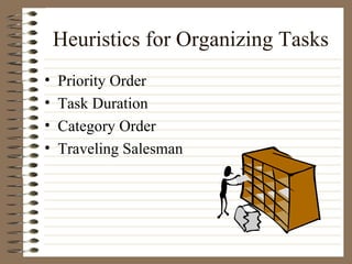 Heuristics for Organizing Tasks Priority Order Task Duration Category Order Traveling Salesman 