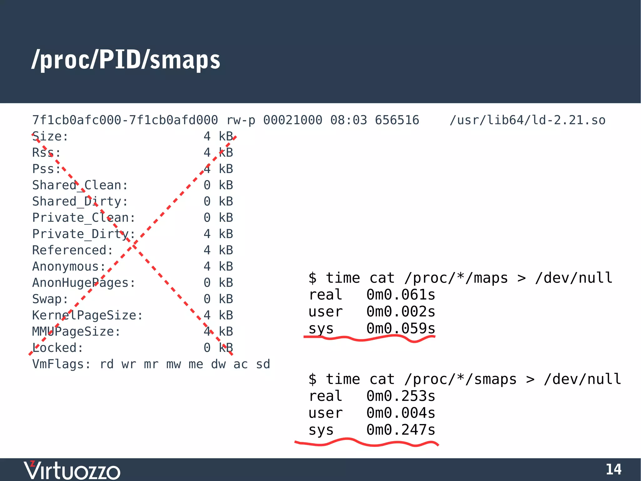 14
/proc/PID/smaps
7f1cb0afc000-7f1cb0afd000 rw-p 00021000 08:03 656516 /usr/lib64/ld-2.21.so
Size: 4 kB
Rss: 4 kB
Pss: 4 kB
Shared_Clean: 0 kB
Shared_Dirty: 0 kB
Private_Clean: 0 kB
Private_Dirty: 4 kB
Referenced: 4 kB
Anonymous: 4 kB
AnonHugePages: 0 kB
Swap: 0 kB
KernelPageSize: 4 kB
MMUPageSize: 4 kB
Locked: 0 kB
VmFlags: rd wr mr mw me dw ac sd
$ time cat /proc/*/maps > /dev/null
real 0m0.061s
user 0m0.002s
sys 0m0.059s
$ time cat /proc/*/smaps > /dev/null
real 0m0.253s
user 0m0.004s
sys 0m0.247s
 