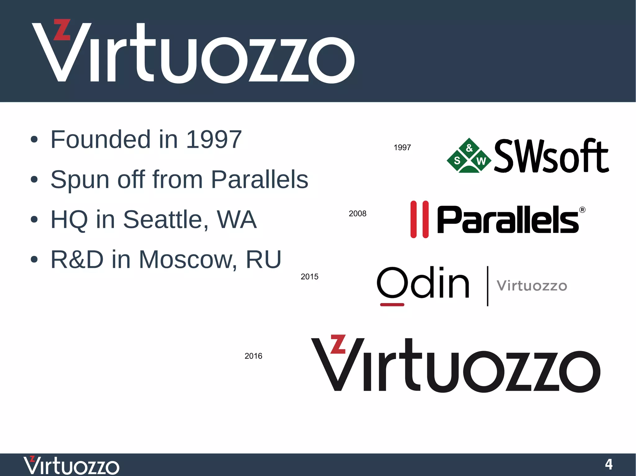 4
● Founded in 1997
● Spun off from Parallels
● HQ in Seattle, WA
● R&D in Moscow, RU
2016
 