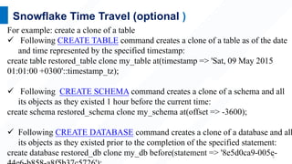 5
Snowflake Time Travel (optional )
For example: create a clone of a table
 Following CREATE TABLE command creates a clone of a table as of the date
and time represented by the specified timestamp:
create table restored_table clone my_table at(timestamp => 'Sat, 09 May 2015
01:01:00 +0300'::timestamp_tz);
 Following CREATE SCHEMA command creates a clone of a schema and all
its objects as they existed 1 hour before the current time:
create schema restored_schema clone my_schema at(offset => -3600);
 Following CREATE DATABASE command creates a clone of a database and all
its objects as they existed prior to the completion of the specified statement:
create database restored_db clone my_db before(statement => '8e5d0ca9-005e-
 