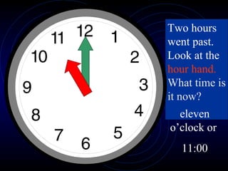 Two hours went past.  Look at the  hour hand.  What time is it now? eleven o’clock or  11:00 