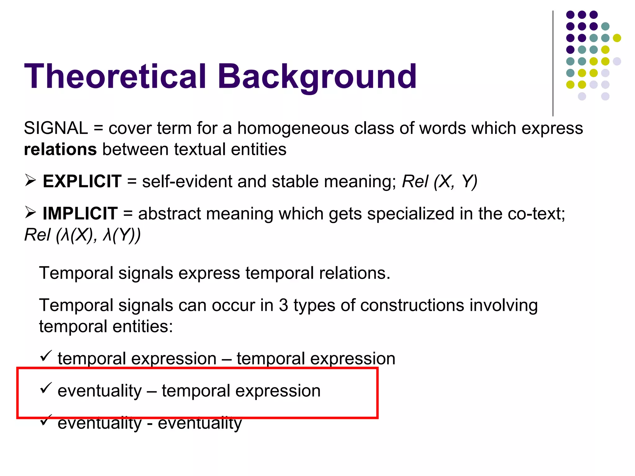 Theoretical Background  SIGNAL = cover term for a homogeneous class of words which express  relations  between textual entities EXPLICIT  = self-evident and stable meaning;  Rel (X, Y) IMPLICIT  = abstract meaning which gets specialized in the co-text;  Rel ( λ (X),  λ (Y)) Temporal signals express temporal relations. Temporal signals can occur in 3 types of constructions involving temporal entities: temporal expression – temporal expression eventuality – temporal expression eventuality - eventuality 