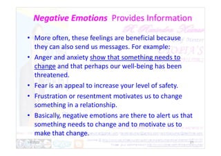 Negative Emotions Provides Information
• More often, these feelings are beneficial because
they can also send us messages. For example:
• Anger and anxiety show that something needs to
change and that perhaps our well-being has been
threatened.
threatened.
• Fear is an appeal to increase your level of safety.
• Frustration or resentment motivates us to change
something in a relationship.
• Basically, negative emotions are there to alert us that
something needs to change and to motivate us to
make that change.
1/6/2022 21
 