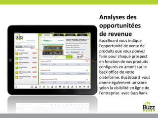 Analyses des
opportunitées
de revenue
BuzzBoard vous indique
l’opportunité de vente de
produits que vous pouvez
faire pour chaque prospect
en fonction de vos produits
configurés en amont sur le
back office de votre
plateforme. BuzzBoard vous
donne également un score
selon la visibilité en ligne de
l’entreprise avec BuzzRank.
 
