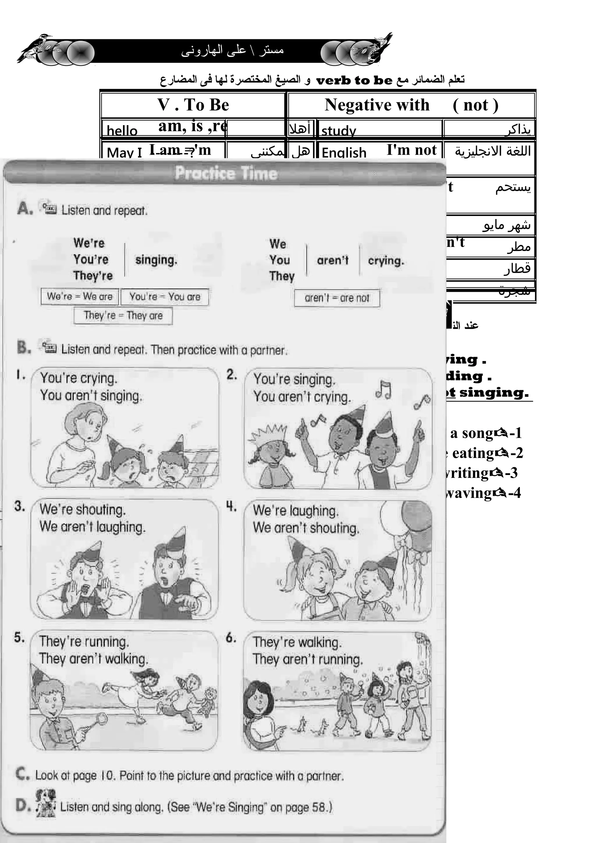 ‫الهارونى‬ ‫على‬  ‫مستر‬
‫تعلم‬‫الضمائر‬‫ةمع‬verb to be‫رمعلا ) لوقن درلا دنعو‬‫الصيغ‬‫المختصرة‬‫لها‬‫فى‬‫المضارع‬
‫عند‬‫التحويل‬‫إلى‬‫النفى‬‫فأننا‬‫نضع‬‫كلمة‬not‫بعد‬am – is – are
EX :- I am playing . I am not playing .
He is reading . He is not reading .
They are singing . They are not singing.
1 - Change into negative :-
1-Alaa is singing a song----------------------------------------------
2-Aya and Eman are eating-----------------------------------------
3-Asmaa is writing---------------------------------------------------
4-The girls are waving-----------------------------------------------
5-I am listing to
Ahmed----------------------------------------------
‫يذاكر‬study‫أهل‬hello
‫اللغة‬‫النجليزية‬English‫هل‬‫يمكنني‬
--‫؟‬
May I -------?
‫يستحم‬take a shower}‫مع‬ ‫يتكلم‬–
‫إلى‬{
speak to
‫شهر‬‫مايو‬May‫من‬‫فضلك‬please
‫مطر‬rain‫بالتأكيد‬sure
‫قطار‬train‫انتظر‬‫قليل‬hold on
‫شجرة‬tree‫ل‬‫مشكلة‬no problem
V . To Be
am, is ,re
Negative with ) not )
I am ='m
He
She is='s
It
We
They =are
you
I'm not
is not = isn't
are not = aren't
27
‫الىتى‬ ‫الىتى‬ ‫لظحظ‬
 