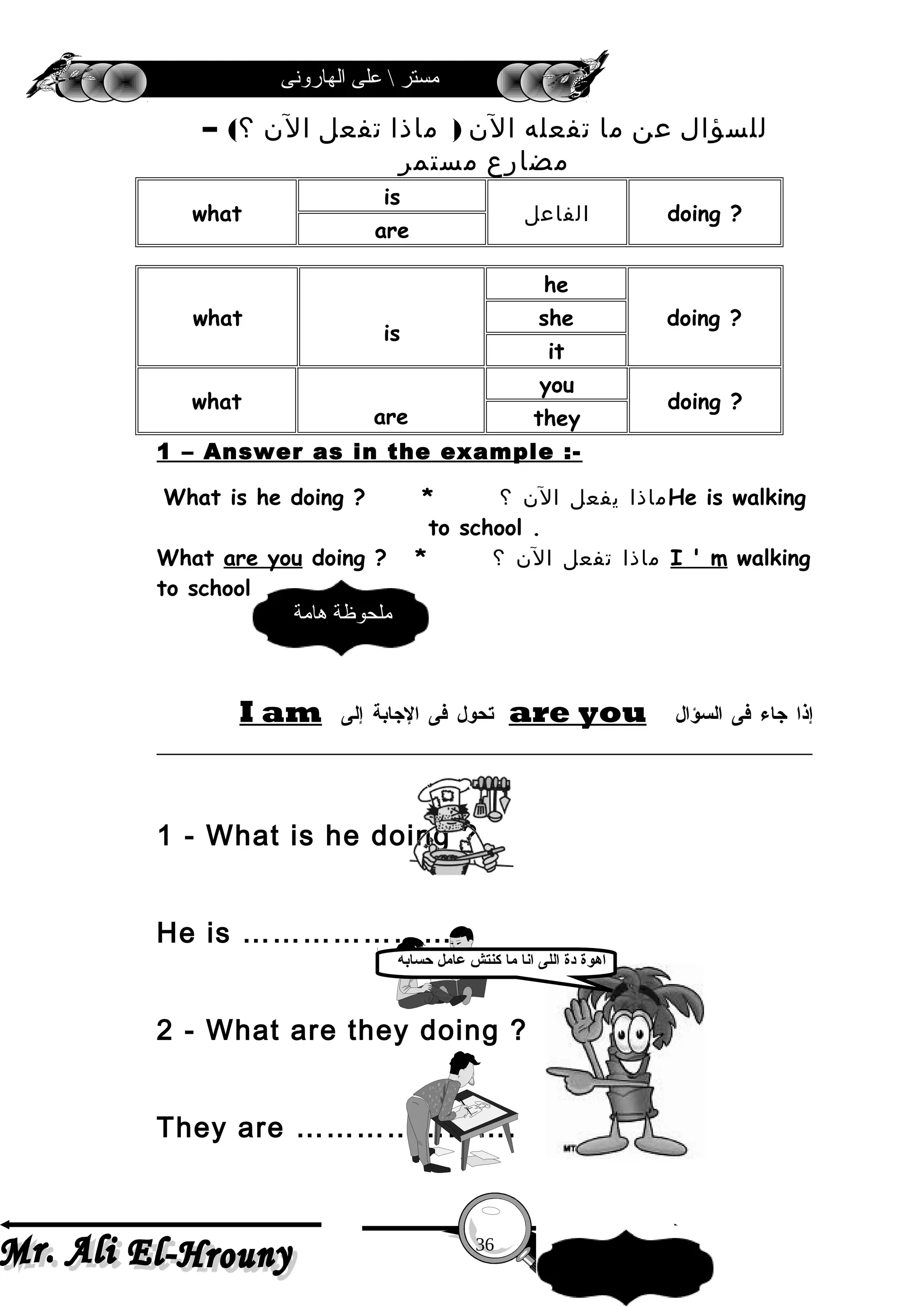 ‫الهارونى‬ ‫على‬  ‫مستر‬
‫للسؤال‬‫عن‬‫ما‬‫تفعله‬‫الن‬)‫ماذا‬‫تفعل‬‫الن‬– (‫؟‬
‫مضارع‬‫مستمر‬
doing ?‫الفاعل‬
is
what
are
doing ?
he
is
what she
it
doing ?
you
are
what
they
1 – Answer as in the example :-
What is he doing ? * ‫ماذا‬‫يفعل‬‫الن‬‫؟‬ He is walking
to school .
What are you doing ? * ‫ماذا‬‫تفعل‬‫الن‬‫؟‬ I ' m walking
to school
‫إذا‬‫جاء‬‫فى‬‫السؤال‬are you‫تحول‬‫فى‬‫الجابة‬‫إلى‬I am
1 - What is he doing ?
He is ………………….
2 - What are they doing ?
They are ………………….
36
‫هامة‬ ‫ملحوظة‬
‫حسابه‬ ‫عامل‬ ‫كنتش‬ ‫ما‬ ‫انا‬ ‫اللى‬ ‫دة‬ ‫اهوة‬
 