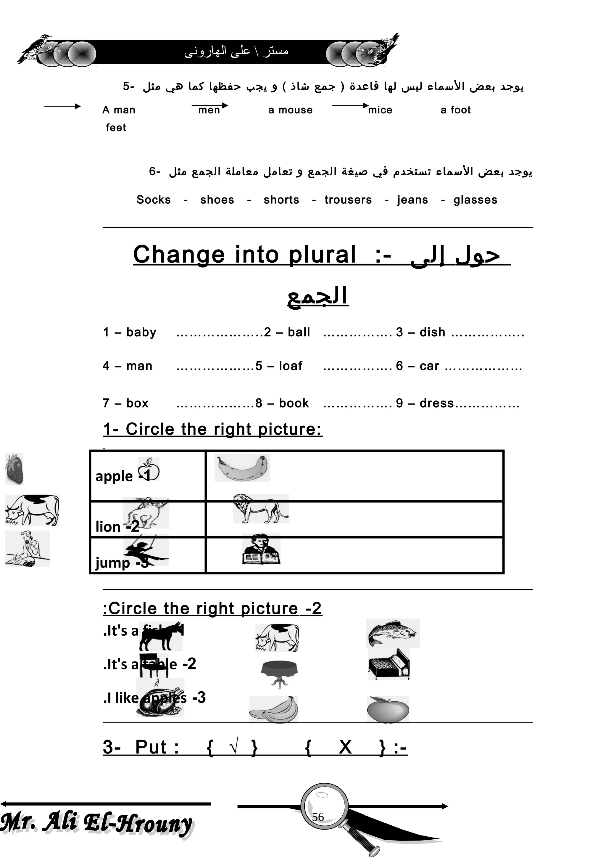 ‫الهارونى‬ ‫على‬  ‫مستر‬
‫يوجد‬‫بعض‬‫المسماء‬‫ليس‬‫لها‬‫قاعدة‬‫جمع‬ )‫شاذ‬‫و‬ (‫يجب‬‫حفظها‬‫كما‬‫هي‬‫مثل‬-5
A man men a mouse mice a foot
feet
‫يوجد‬‫بعض‬‫المسماء‬‫تستخدم‬‫في‬‫صيغة‬‫الجمع‬‫و‬‫تعامل‬‫معاملة‬‫الجمع‬‫مثل‬-6
Socks - shoes - shorts - trousers - jeans - glasses
Change into plural :- ‫حول‬‫إلى‬
‫الجمع‬
1 – baby ………………..2 – ball ……………. 3 – dish ……………..
4 – man ………………5 – loaf ……………. 6 – car ………………
7 – box ………………8 – book ……………. 9 – dress……………
1- Circle the right picture:
1-apple
2-lion
3-jump
2-Circle the right picture:
1-It's a fish.
2-It's a table.
3-I like apples.
3- Put : { √ } { X } :-
56
 