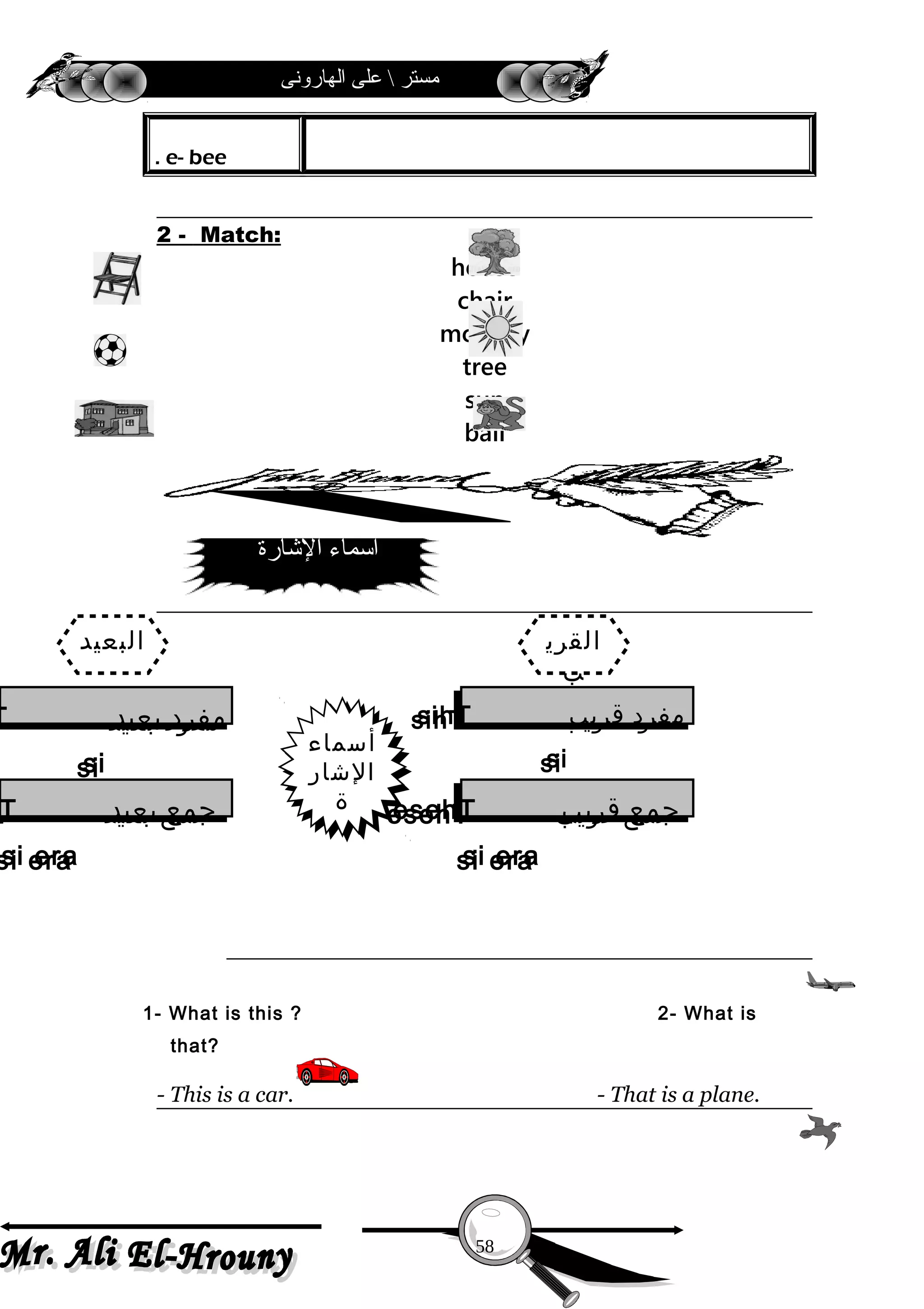 ‫الهارونى‬ ‫على‬  ‫مستر‬
e- bee.
2 - Match:
house
chair
monkey
tree
sun
ball
1- What is this ? 2- What is
that?
- This is a car. - That is a plane.
58
‫الاشارة‬ ‫اسماء‬
‫القري‬
‫ب‬
‫البعيد‬
‫أمسماء‬
‫الشار‬
‫ة‬
‫أمسماء‬
‫الشار‬
‫ة‬
‫قريب‬ ‫مفرد‬sihT
si
‫قريب‬ ‫مفرد‬sihT
si
‫بعيد‬ ‫مفرد‬T
si
‫بعيد‬ ‫مفرد‬T
si
‫قريب‬ ‫جمع‬esehT
si era
‫قريب‬ ‫جمع‬esehT
si era
‫بعيد‬ ‫جمع‬T
si era
‫بعيد‬ ‫جمع‬T
si era
 