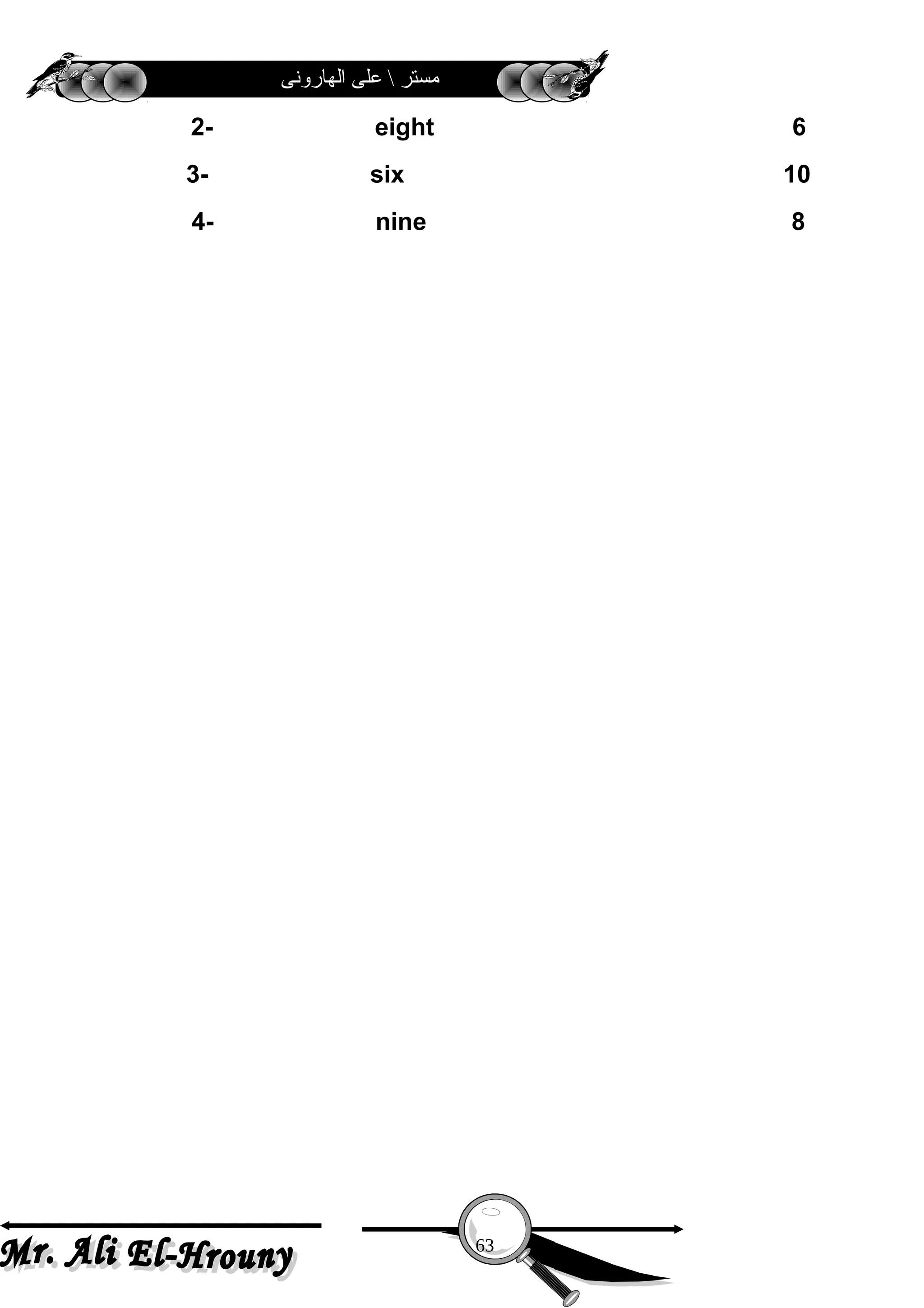 ‫الهارونى‬ ‫على‬  ‫مستر‬
2- eight 6
3- six 10
4- nine 8
63
 
