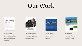 Our Work
Toursaving
Car rental, chauffeur,
and transfer service
platform.
Wheredjsplay Snap Health Carsirent
Music agency & artists
booking system.
Home Health
Agencies.
Car Hire – Search,
Compare & Save
 