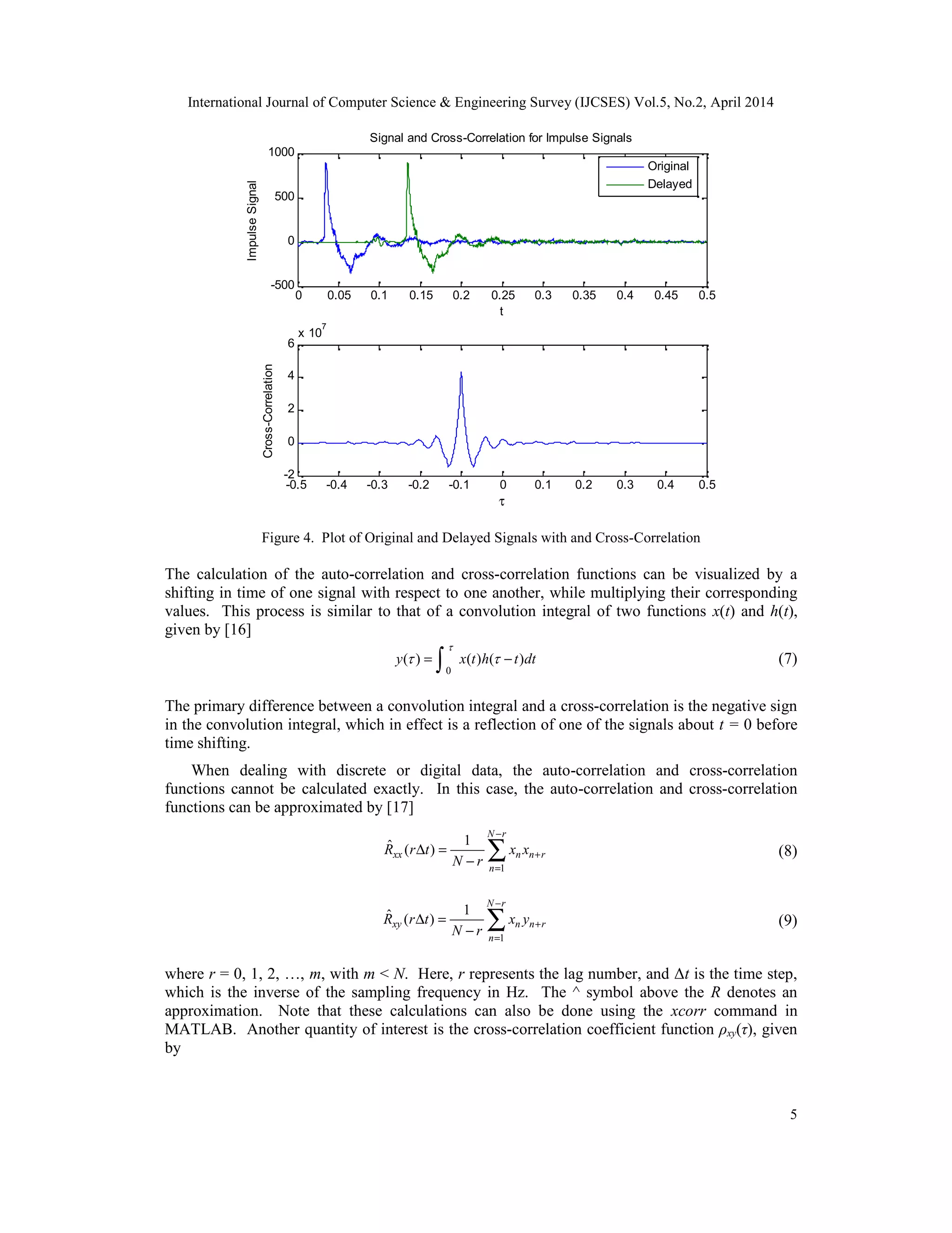 International Journal of Computer Science & Engineering Survey (IJCSES) Vol.5, No.2, April 2014
5
0 0.05 0.1 0.15 0.2 0.25 0.3 0.35 0.4 0.45 0.5
-500
0
500
1000
t
ImpulseSignal
Signal and Cross-Correlation for Impulse Signals
Original
Delayed
-0.5 -0.4 -0.3 -0.2 -0.1 0 0.1 0.2 0.3 0.4 0.5
-2
0
2
4
6
x 10
7
τ
Cross-Correlation
Figure 4. Plot of Original and Delayed Signals with and Cross-Correlation
The calculation of the auto-correlation and cross-correlation functions can be visualized by a
shifting in time of one signal with respect to one another, while multiplying their corresponding
values. This process is similar to that of a convolution integral of two functions x(t) and h(t),
given by [16]
0
( ) ( ) ( )y x t h t dt

 = −∫ (7)
The primary difference between a convolution integral and a cross-correlation is the negative sign
in the convolution integral, which in effect is a reflection of one of the signals about t = 0 before
time shifting.
When dealing with discrete or digital data, the auto-correlation and cross-correlation
functions cannot be calculated exactly. In this case, the auto-correlation and cross-correlation
functions can be approximated by [17]
1
1ˆ ( )
N r
xx n n r
n
R r t x x
N r
−
+
=
∆ =
− ∑ (8)
1
1ˆ ( )
N r
xy n n r
n
R r t x y
N r
−
+
=
∆ =
− ∑ (9)
where r = 0, 1, 2, …, m, with m < N. Here, r represents the lag number, and Δt is the time step,
which is the inverse of the sampling frequency in Hz. The ^ symbol above the R denotes an
approximation. Note that these calculations can also be done using the xcorr command in
MATLAB. Another quantity of interest is the cross-correlation coefficient function ρxy(τ), given
by
 