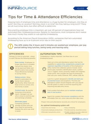 iGUIDE

Tips for Time & Attendance Efficiencies
Keeping track of employee time and attendance is a huge burden for employers. Are they at
work? Are they on vacation? Did they clock in on time? Are they taking a long lunch? These
are all must-know items, but often difficult to determine.
Documenting employee time is important, yet over 40 percent of organizations have not
automated their timekeeping process. Despite its importance, most companies don’t realize
how much money they waste on sub-optimal timekeeping.
According to the American Payroll Association (APA), companies that lack automated
timekeeping have up to an 8 percent error rate on their payroll.

The APA states the 4 hours and 5 minutes are wasted per employee, per pay
period taking long lunches, being tardy and leaving early.

EFFICIENCIES

AUTOMATION TIPS

Perhaps it’s time to automate - where
to start? Review the following benefits:

Timekeeping is clearly important. Use these tips on your
timekeeping quest:

Save money Employees no
longer take time to complete
manual time sheets; time
can be approved faster and
payroll is done more quickly.
These efficiencies translate
to saving money.

Reduce errors When

Seek out a time and attendance system that has the
capability to capture time, assignments, projects and
expenses regardless of location of the employee or
office. Some time collection options include: smart
phone apps, biometric identification clocks, outdoor
use or “rugged” clocks, proximity readers and magnetic
swipe clocks. Also consider the type of connectivity
that suits your needs, Ethernet, WiFi, cellular, USB, etc.

payroll is automated, the
human factor reduces
significantly. When there are
fewer errors to correct, time
and money is saved.

Look for a system designed to identify and alert you
of potential issues and exceptions. The time and
attendance system should integrate with your payroll
and HR system in order to minimize exporting and
importing and data entry errors.

Control costs By quickly

Find a system that allows you to maintain employee
data in one location.

reviewing a time period
report, managers can see
who is close to overtime pay
and rearrange schedules.

Eliminate paper
Companies spend an
average of three cents per
time sheet for processing.
Multiply this out to see what
is saved.

Search for a system that ensures compliance with the
Affordable Care Act, union rules and other labor laws.
Proper time and attendance records are critical for employers.

An optimal timekeeping system will:
Save time and money

Easy scheduling

Improved employee productivity

Provide anytime, anywhere access

Eliminate manual entry errors

Enable simple & accurate collection
and organization of time

 