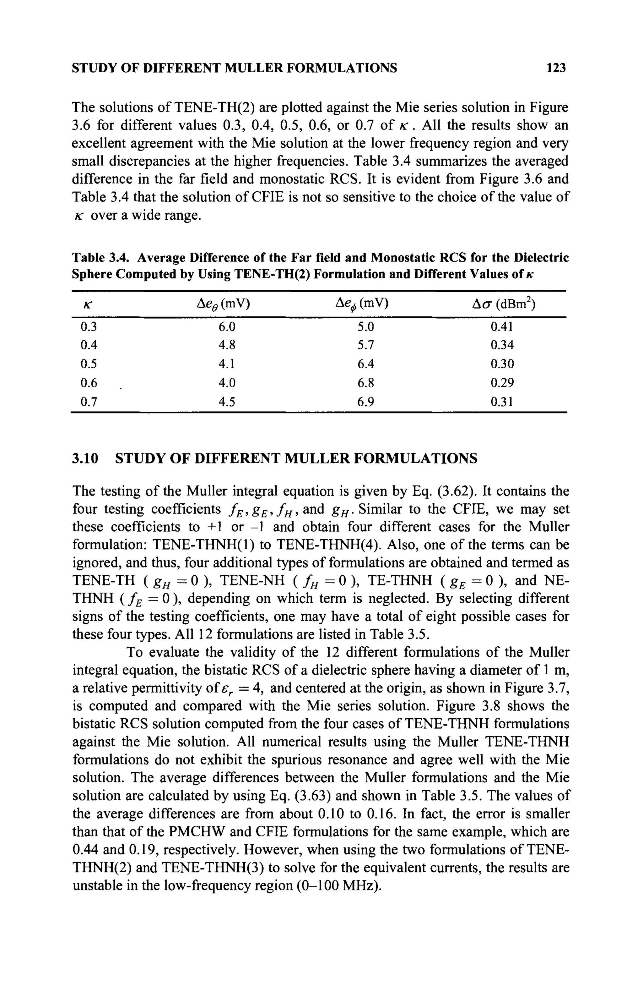 STUDY OF DIFFERENT MÜLLER FORMULATIONS 123
,(mV)
5.0
5.7
6.4
6.8
6.9
Δ σ (dBm2
)
0.41
0.34
0.30
0.29
0.31
The solutions of TENE-TH(2) are plotted against the Mie series solution in Figure
3.6 for different values 0.3, 0.4, 0.5, 0.6, or 0.7 of к. All the results show an
excellent agreement with the Mie solution at the lower frequency region and very
small discrepancies at the higher frequencies. Table 3.4 summarizes the averaged
difference in the far field and monostatic RCS. It is evident from Figure 3.6 and
Table 3.4 that the solution of CFIE is not so sensitive to the choice of the value of
к over a wide range.
Table 3.4. Average Difference of the Far field and Monostatic RCS for the Dielectric
Sphere Computed by Using TENE-TH(2) Formulation and Different Values of к
к Δβθ (mV)
~ÖL3 6~Ö
0.4 4.8
0.5 4.1
0.6 4.0
0.7 4.5
3.10 STUDY OF DIFFERENT MULLER FORMULATIONS
The testing of the Müller integral equation is given by Eq. (3.62). It contains the
four testing coefficients fE, gE, fH, and gH. Similar to the CFIE, we may set
these coefficients to +1 or -1 and obtain four different cases for the Müller
formulation: TENE-THNH(l) to TENE-THNH(4). Also, one of the terms can be
ignored, and thus, four additional types of formulations are obtained and termed as
TENE-TH ( gH = 0 ), TENE-NH ( fH = 0 ), TE-THNH ( gE = 0 ), and NE-
THNH ( fE = 0 ), depending on which term is neglected. By selecting different
signs of the testing coefficients, one may have a total of eight possible cases for
these four types. All 12 formulations are listed in Table 3.5.
To evaluate the validity of the 12 different formulations of the Müller
integral equation, the bistatic RCS of a dielectric sphere having a diameter of 1 m,
a relative permittivity of er = 4, and centered at the origin, as shown in Figure 3.7,
is computed and compared with the Mie series solution. Figure 3.8 shows the
bistatic RCS solution computed from the four cases of TENE-THNH formulations
against the Mie solution. All numerical results using the Müller TENE-THNH
formulations do not exhibit the spurious resonance and agree well with the Mie
solution. The average differences between the Müller formulations and the Mie
solution are calculated by using Eq. (3.63) and shown in Table 3.5. The values of
the average differences are from about 0.10 to 0.16. In fact, the error is smaller
than that of the PMCHW and CFIE formulations for the same example, which are
0.44 and 0.19, respectively. However, when using the two formulations of TENE-
THNH(2) and TENE-THNH(3) to solve for the equivalent currents, the results are
unstable in the low-frequency region (0-100 MHz).
 
