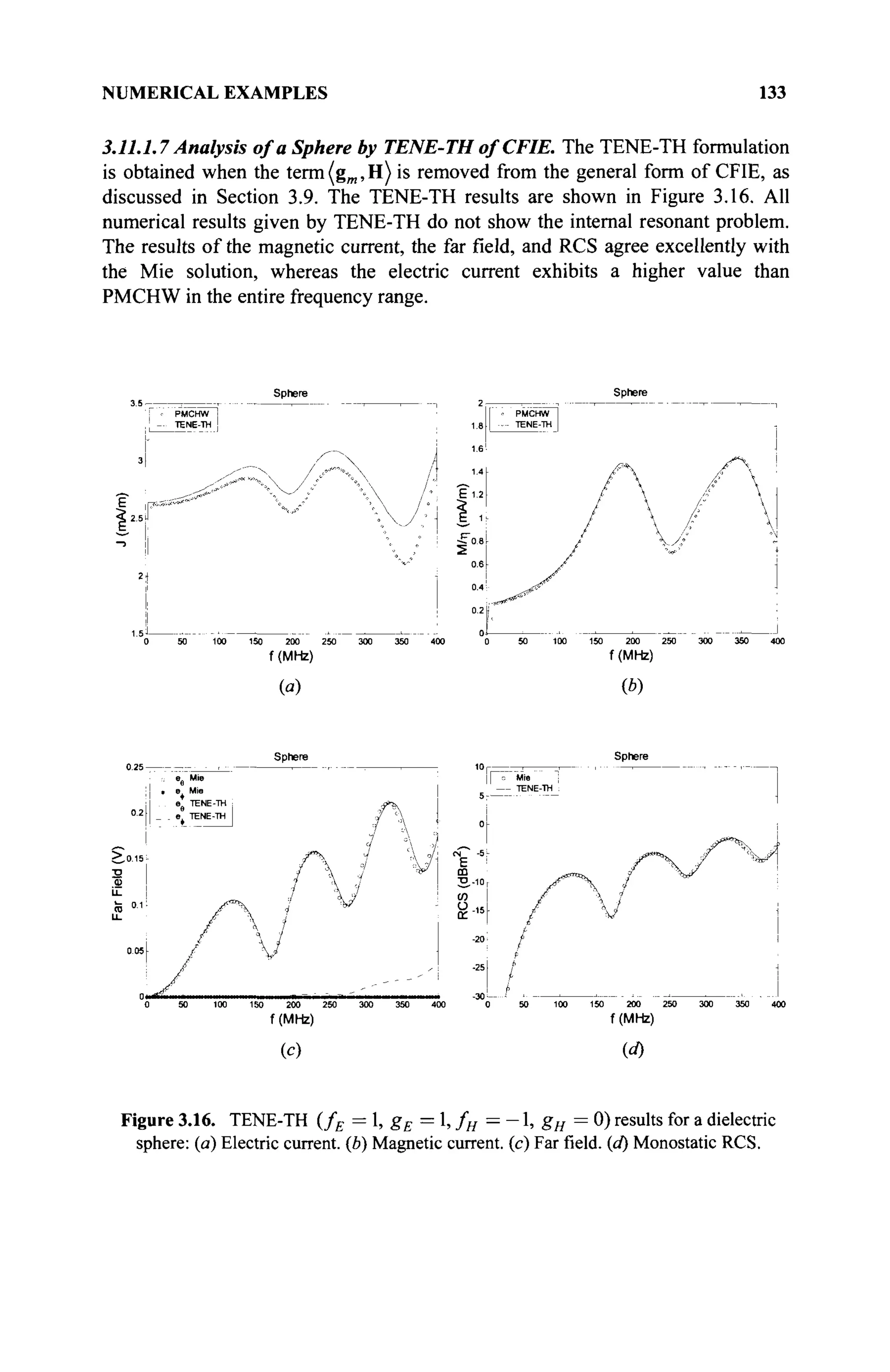 NUMERICAL EXAMPLES 133
3.11.1.7 Analysis of a Sphere by TENE-TH of CFIE. The TENE-TH formulation
is obtained when the term (gm, H) is removed from the general form of CFIE, as
discussed in Section 3.9. The TENE-TH results are shown in Figure 3.16. All
numerical results given by TENE-TH do not show the internal resonant problem.
The results of the magnetic current, the far field, and RCS agree excellently with
the Mie solution, whereas the electric current exhibits a higher value than
PMCHW in the entire frequency range.
Sphere Sphere
0 50 100 150 200 250 300 350 400 0 50 100 150 200 250 300 350 400
f (MHz) f (MHz)
И (b)
Sphere Sphere
E
m
^.
w
о
ce
(с)
150 200 250 300 350 400
f (MHz)
TENE-TH
150 200 250 300
f (MHz)
(d)
Figure 3.16. TENE-TH (fE = 1, gE = 1, fH=-,gH= 0) results for a dielectric
sphere: (a) Electric current, (b) Magnetic current, (c) Farfield,(d) Monostatic RCS.
 