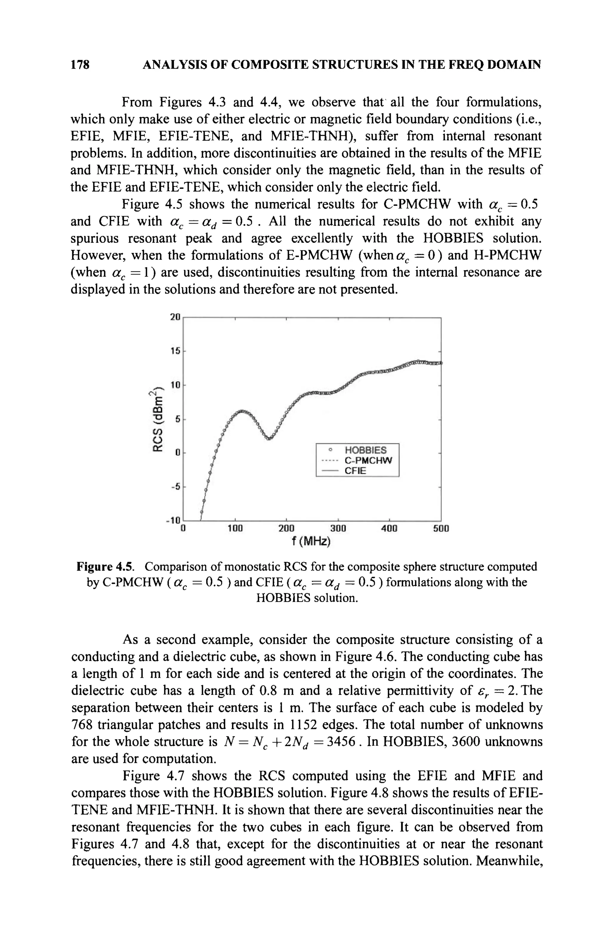 178 ANALYSIS OF COMPOSITE STRUCTURES IN THE FREQ DOMAIN
From Figures 4.3 and 4.4, we observe that all the four formulations,
which only make use of either electric or magnetic field boundary conditions (i.e.,
EFIE, MFIE, EFIE-TENE, and MFIE-THNH), suffer from internal resonant
problems. In addition, more discontinuities are obtained in the results of the MFIE
and MFIE-THNH, which consider only the magnetic field, than in the results of
the EFIE and EFIE-TENE, which consider only the electric field.
Figure 4.5 shows the numerical results for C-PMCHW with ac = 0.5
and CFIE with ac=ad = 0.5 . All the numerical results do not exhibit any
spurious resonant peak and agree excellently with the HOBBIES solution.
However, when the formulations of E-PMCHW (whenac = 0 ) and H-PMCHW
(when ac = 1 ) are used, discontinuities resulting from the internal resonance are
displayed in the solutions and therefore are not presented.
Figure 4.5. Comparison of monostatic RCS for the composite sphere structure computed
by C-PMCHW ( ac = 0.5 ) and CFIE ( ac = ad — 0.5 ) formulations along with the
HOBBIES solution.
As a second example, consider the composite structure consisting of a
conducting and a dielectric cube, as shown in Figure 4.6. The conducting cube has
a length of 1 m for each side and is centered at the origin of the coordinates. The
dielectric cube has a length of 0.8 m and a relative permittivity of sr = 2. The
separation between their centers is 1 m. The surface of each cube is modeled by
768 triangular patches and results in 1152 edges. The total number of unknowns
for the whole structure is N=NC+ 2Nd = 3456 . In HOBBIES, 3600 unknowns
are used for computation.
Figure 4.7 shows the RCS computed using the EFIE and MFIE and
compares those with the HOBBIES solution. Figure 4.8 shows the results of EFIE-
TENE and MFIE-THNH. It is shown that there are several discontinuities near the
resonant frequencies for the two cubes in each figure. It can be observed from
Figures 4.7 and 4.8 that, except for the discontinuities at or near the resonant
frequencies, there is still good agreement with the HOBBIES solution. Meanwhile,
 