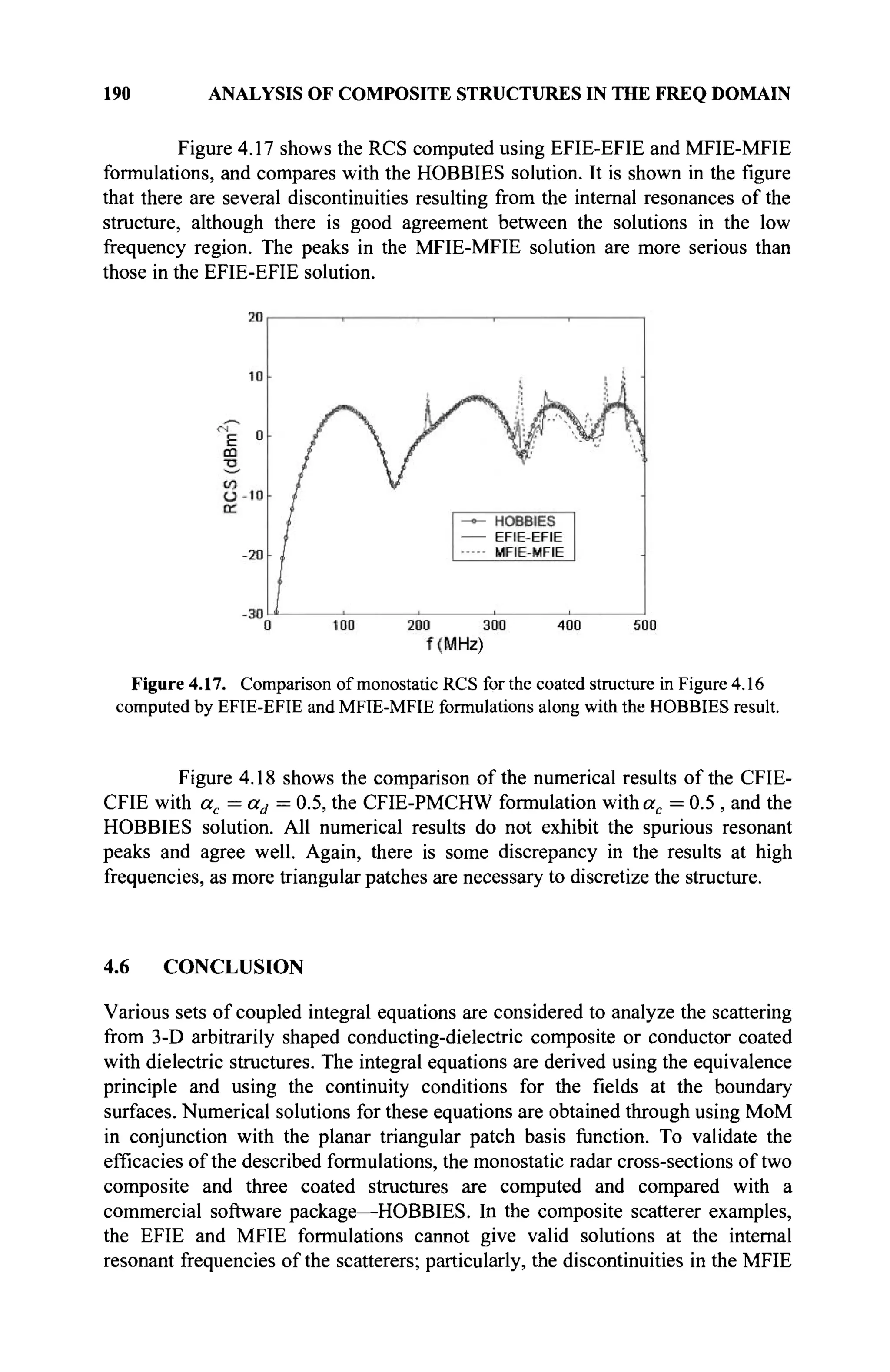 190 ANALYSIS OF COMPOSITE STRUCTURES IN THE FREQ DOMAIN
Figure 4.17 shows the RCS computed using EFIE-EFIE and MFIE-MFIE
formulations, and compares with the HOBBIES solution. It is shown in the figure
that there are several discontinuities resulting from the internal resonances of the
structure, although there is good agreement between the solutions in the low
frequency region. The peaks in the MFIE-MFIE solution are more serious than
those in the EFIE-EFIE solution.
Figure 4.17. Comparison of monostatic RCS for the coated structure in Figure 4.16
computed by EFIE-EFIE and MFIE-MFIE formulations along with the HOBBIES result.
Figure 4.18 shows the comparison of the numerical results of the CFIE-
CFIE with ac=ad= 0.5, the CFIE-PMCHW formulation withac = 0.5 , and the
HOBBIES solution. All numerical results do not exhibit the spurious resonant
peaks and agree well. Again, there is some discrepancy in the results at high
frequencies, as more triangular patches are necessary to discretize the structure.
4.6 CONCLUSION
Various sets of coupled integral equations are considered to analyze the scattering
from 3-D arbitrarily shaped conducting-dielectric composite or conductor coated
with dielectric structures. The integral equations are derived using the equivalence
principle and using the continuity conditions for the fields at the boundary
surfaces. Numerical solutions for these equations are obtained through using MoM
in conjunction with the planar triangular patch basis function. To validate the
efficacies of the described formulations, the monostatic radar cross-sections of two
composite and three coated structures are computed and compared with a
commercial software package—HOBBIES. In the composite scatterer examples,
the EFIE and MFIE formulations cannot give valid solutions at the internal
resonant frequencies of the scatterers; particularly, the discontinuities in the MFIE
 