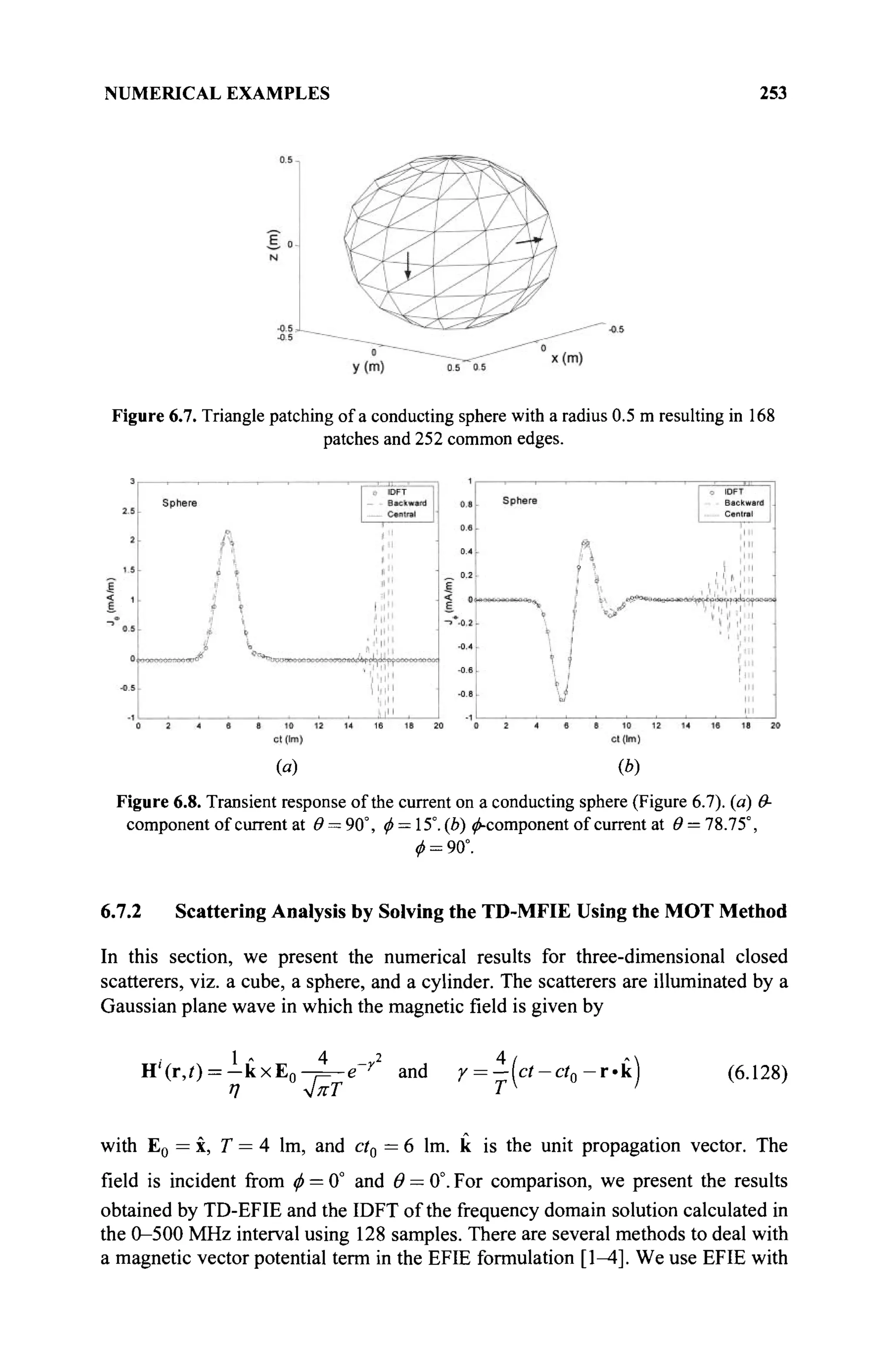 NUMERICAL EXAMPLES 253
Figure 6.7. Triangle patching of a conducting sphere with a radius 0.5 m resulting in If
patches and 252 common edges.
(«) Ф)
Figure 6.8. Transient response of the current on a conducting sphere (Figure 6.7). (ά) Θ-
component of current at Θ = 90°, φ = 15°. (b) ^-component of current at Θ = 78.75°,
φ = 90°.
6.7.2 Scattering Analysis by Solving the TD-MFIE Using the MOT Method
In this section, we present the numerical results for three-dimensional closed
scatterers, viz. a cube, a sphere, and a cylinder. The scatterers are illuminated by a
Gaussian plane wave in which the magnetic field is given by
1 „ 4 2 4 / «
H'(r,/) = - k x E 0 - = - e r
and y = —ct-ct0 - f k ] (6.128)
with E0 = x, T = A lm, and ct0 = 6 lm. к is the unit propagation vector. The
field is incident from ф = 0° and Θ — 0°. For comparison, we present the results
obtained by TD-EFIE and the IDFT of the frequency domain solution calculated in
the 0-500 MHz interval using 128 samples. There are several methods to deal with
a magnetic vector potential term in the EFIE formulation [1—4]. We use EFIE with
 