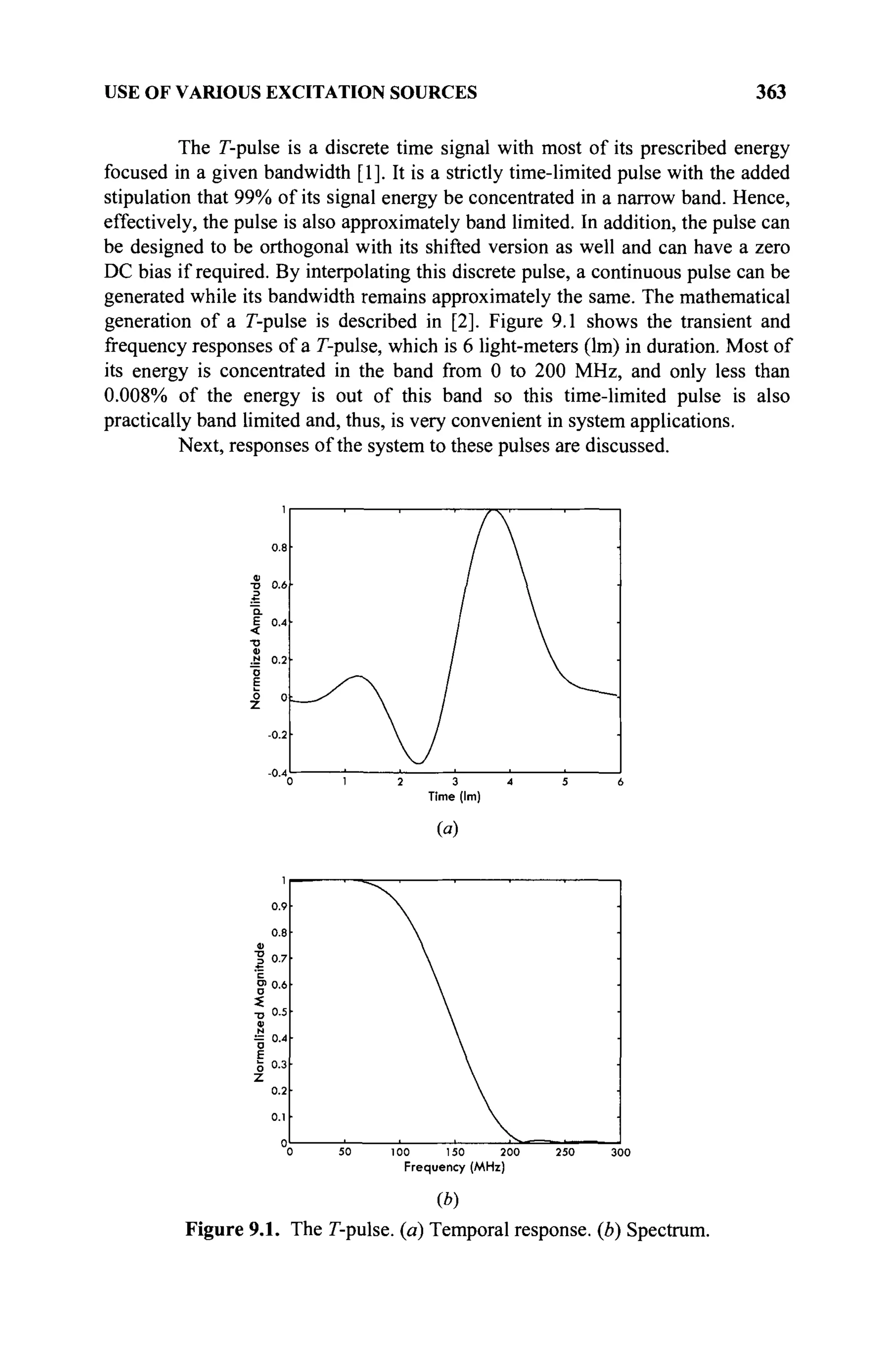 USE OF VARIOUS EXCITATION SOURCES 363
The Г-pulse is a discrete time signal with most of its prescribed energy
focused in a given bandwidth [1]. It is a strictly time-limited pulse with the added
stipulation that 99% of its signal energy be concentrated in a narrow band. Hence,
effectively, the pulse is also approximately band limited. In addition, the pulse can
be designed to be orthogonal with its shifted version as well and can have a zero
DC bias if required. By interpolating this discrete pulse, a continuous pulse can be
generated while its bandwidth remains approximately the same. The mathematical
generation of a Г-pulse is described in [2]. Figure 9.1 shows the transient and
frequency responses of a Г-pulse, which is 6 light-meters (lm) in duration. Most of
its energy is concentrated in the band from 0 to 200 MHz, and only less than
0.008% of the energy is out of this band so this time-limited pulse is also
practically band limited and, thus, is very convenient in system applications.
Next, responses of the system to these pulses are discussed.
2 3
Time (Im)
(«)
100 150 200
Frequency (MHz)
Figure 9.1. The Г-pulse. (a) Temporal response, (b) Spectrum.
 