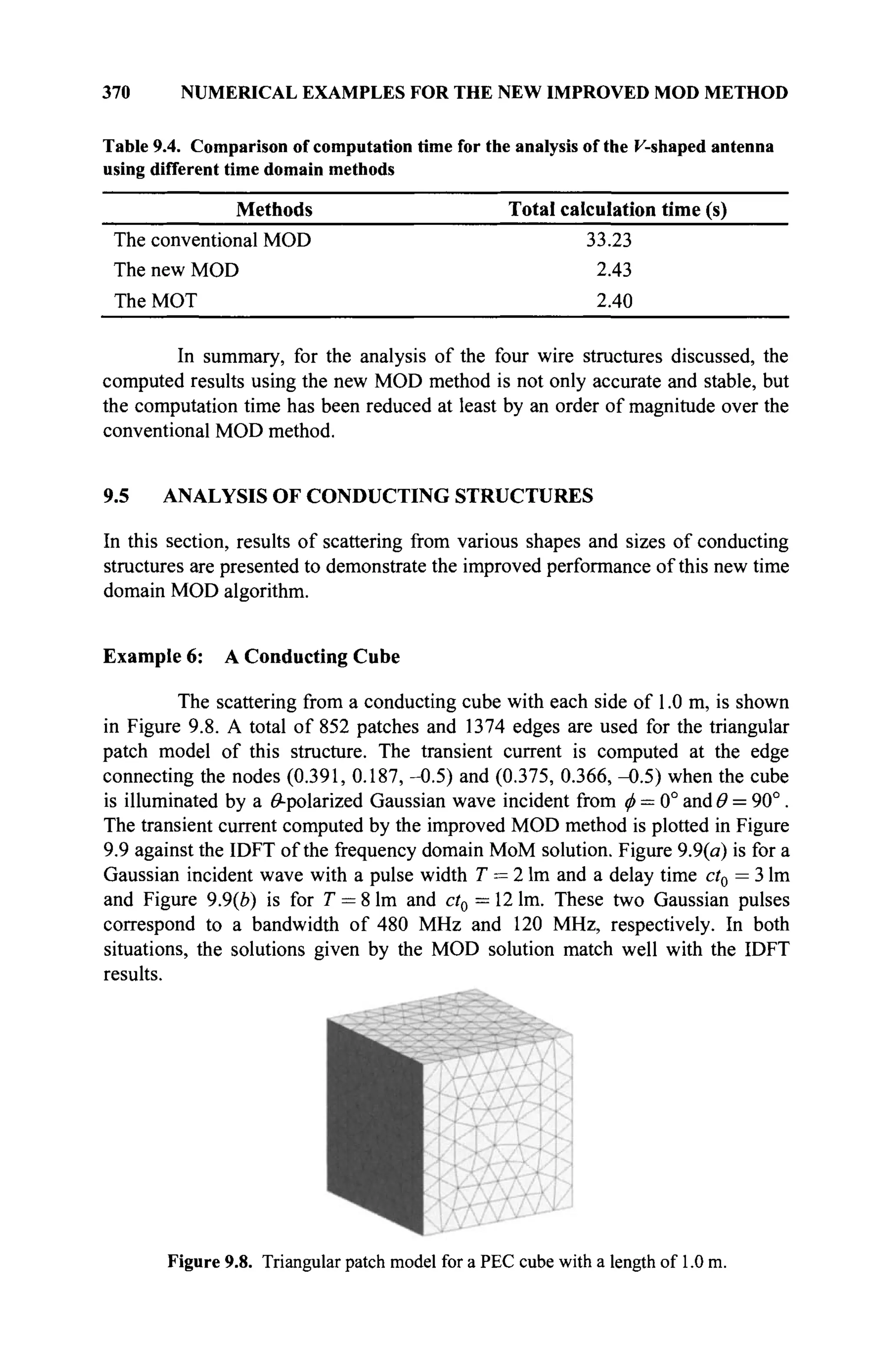370 NUMERICAL EXAMPLES FOR THE NEW IMPROVED MOD METHOD
Table 9.4. Comparison of computation time for the analysis of the F-shaped antenna
using different time domain methods
Methods
The conventional MOD
The new MOD
The MOT
Total calculation time (s)
33.23
2.43
2.40
In summary, for the analysis of the four wire structures discussed, the
computed results using the new MOD method is not only accurate and stable, but
the computation time has been reduced at least by an order of magnitude over the
conventional MOD method.
9.5 ANALYSIS OF CONDUCTING STRUCTURES
In this section, results of scattering from various shapes and sizes of conducting
structures are presented to demonstrate the improved performance of this new time
domain MOD algorithm.
Example 6: A Conducting Cube
The scattering from a conducting cube with each side of 1.0 m, is shown
in Figure 9.8. A total of 852 patches and 1374 edges are used for the triangular
patch model of this structure. The transient current is computed at the edge
connecting the nodes (0.391, 0.187, -0.5) and (0.375, 0.366, -0.5) when the cube
is illuminated by a ^-polarized Gaussian wave incident from φ = 0° and Θ = 90°.
The transient current computed by the improved MOD method is plotted in Figure
9.9 against the IDFT of the frequency domain MoM solution. Figure 9.9(a) is for a
Gaussian incident wave with a pulse width T — 2 lm and a delay time ct0 = 3 lm
and Figure 9.9(b) is for T = 8 lm and ct0 — 12 lm. These two Gaussian pulses
correspond to a bandwidth of 480 MHz and 120 MHz, respectively. In both
situations, the solutions given by the MOD solution match well with the IDFT
results.
Figure 9.8. Triangular patch model for a PEC cube with a length of 1.0 m.
 