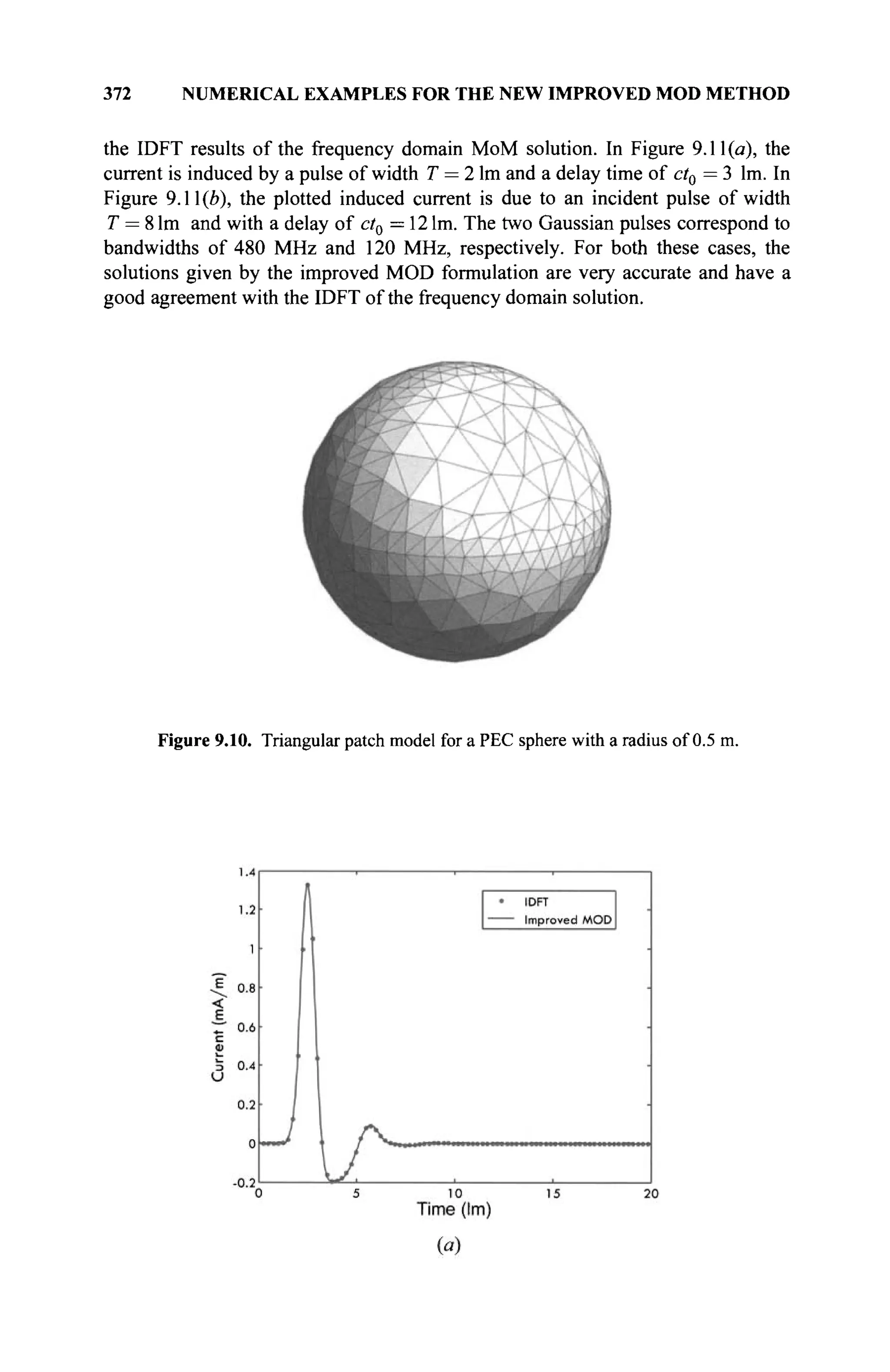 372 NUMERICAL EXAMPLES FOR THE NEW IMPROVED MOD METHOD
the IDFT results of the frequency domain MoM solution. In Figure 9.11(a), the
current is induced by a pulse of width T = 2 lm and a delay time of ct0 = 3 lm. In
Figure 9.11(e), the plotted induced current is due to an incident pulse of width
T = 8 lm and with a delay of ct0 =12 lm. The two Gaussian pulses correspond to
bandwidths of 480 MHz and 120 MHz, respectively. For both these cases, the
solutions given by the improved MOD formulation are very accurate and have a
good agreement with the IDFT of the frequency domain solution.
Figure 9.10. Triangular patch model for a PEC sphere with a radius of 0.5 m.
 