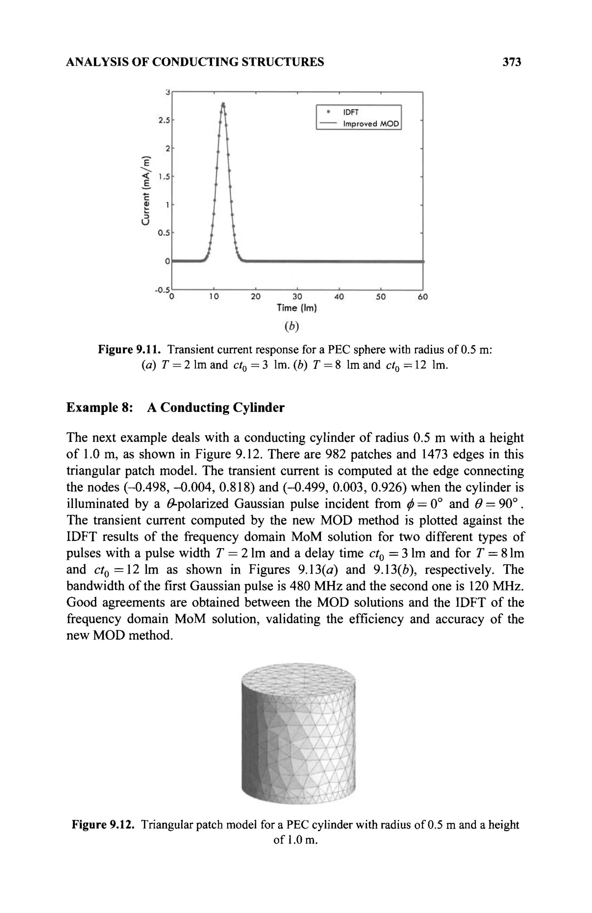 ANALYSIS OF CONDUCTING STRUCTURES 373
Figure 9.11. Transient current response for a PEC sphere with radius of 0.5 m:
(a) 7 = 2 lm and ct0 = 3 lm. (b) T = 8 lm and ct0 = 12 lm.
Example 8: A Conducting Cylinder
The next example deals with a conducting cylinder of radius 0.5 m with a height
of 1.0 m, as shown in Figure 9.12. There are 982 patches and 1473 edges in this
triangular patch model. The transient current is computed at the edge connecting
the nodes (-0.498, -0.004, 0.818) and (-0.499, 0.003, 0.926) when the cylinder is
illuminated by a ^-polarized Gaussian pulse incident from φ = 0° and Θ = 90°.
The transient current computed by the new MOD method is plotted against the
IDFT results of the frequency domain MoM solution for two different types of
pulses with a pulse width T = 2 lm and a delay time ct0 = 3 lm and for T = 8 lm
and ci0 =12 1m as shown in Figures 9.13(a) and 9.13(e), respectively. The
bandwidth of the first Gaussian pulse is 480 MHz and the second one is 120 MHz.
Good agreements are obtained between the MOD solutions and the IDFT of the
frequency domain MoM solution, validating the efficiency and accuracy of the
new MOD method.
Figure 9.12. Triangular patch model for a PEC cylinder with radius of 0.5 m and a height
of 1.0 m.
 