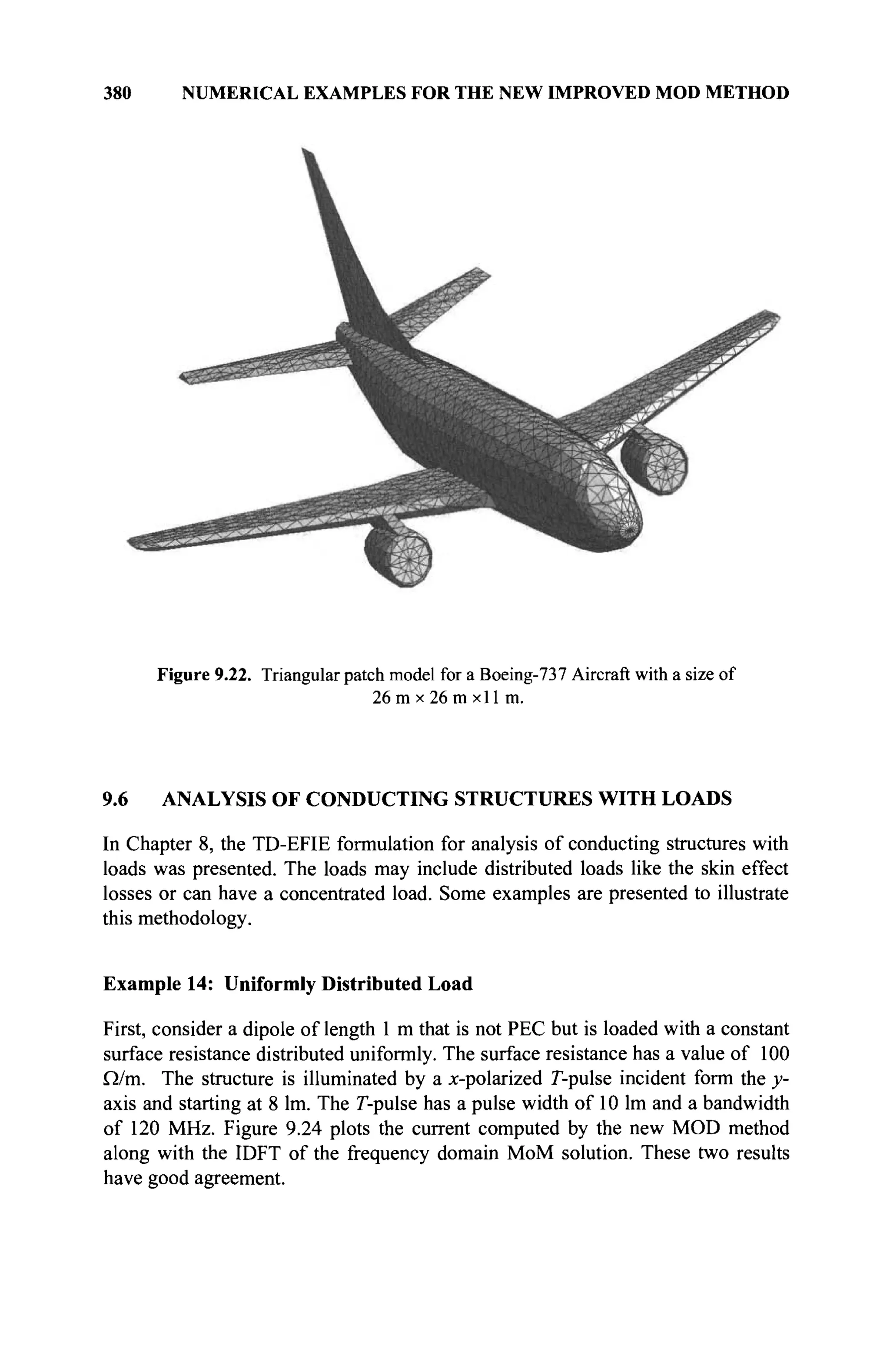 380 NUMERICAL EXAMPLES FOR THE NEW IMPROVED MOD METHOD
Figure 9.22. Triangular patch model for a Boeing-737 Aircraft with a size of
26 m x 26 m xll m.
9.6 ANALYSIS OF CONDUCTING STRUCTURES WITH LOADS
In Chapter 8, the TD-EFIE formulation for analysis of conducting structures with
loads was presented. The loads may include distributed loads like the skin effect
losses or can have a concentrated load. Some examples are presented to illustrate
this methodology.
Example 14: Uniformly Distributed Load
First, consider a dipole of length 1 m that is not PEC but is loaded with a constant
surface resistance distributed uniformly. The surface resistance has a value of 100
Ω/m. The structure is illuminated by a ^-polarized Γ-pulse incident form the y-
axis and starting at 8 lm. The Γ-pulse has a pulse width of 10 lm and a bandwidth
of 120 MHz. Figure 9.24 plots the current computed by the new MOD method
along with the IDFT of the frequency domain MoM solution. These two results
have good agreement.
 