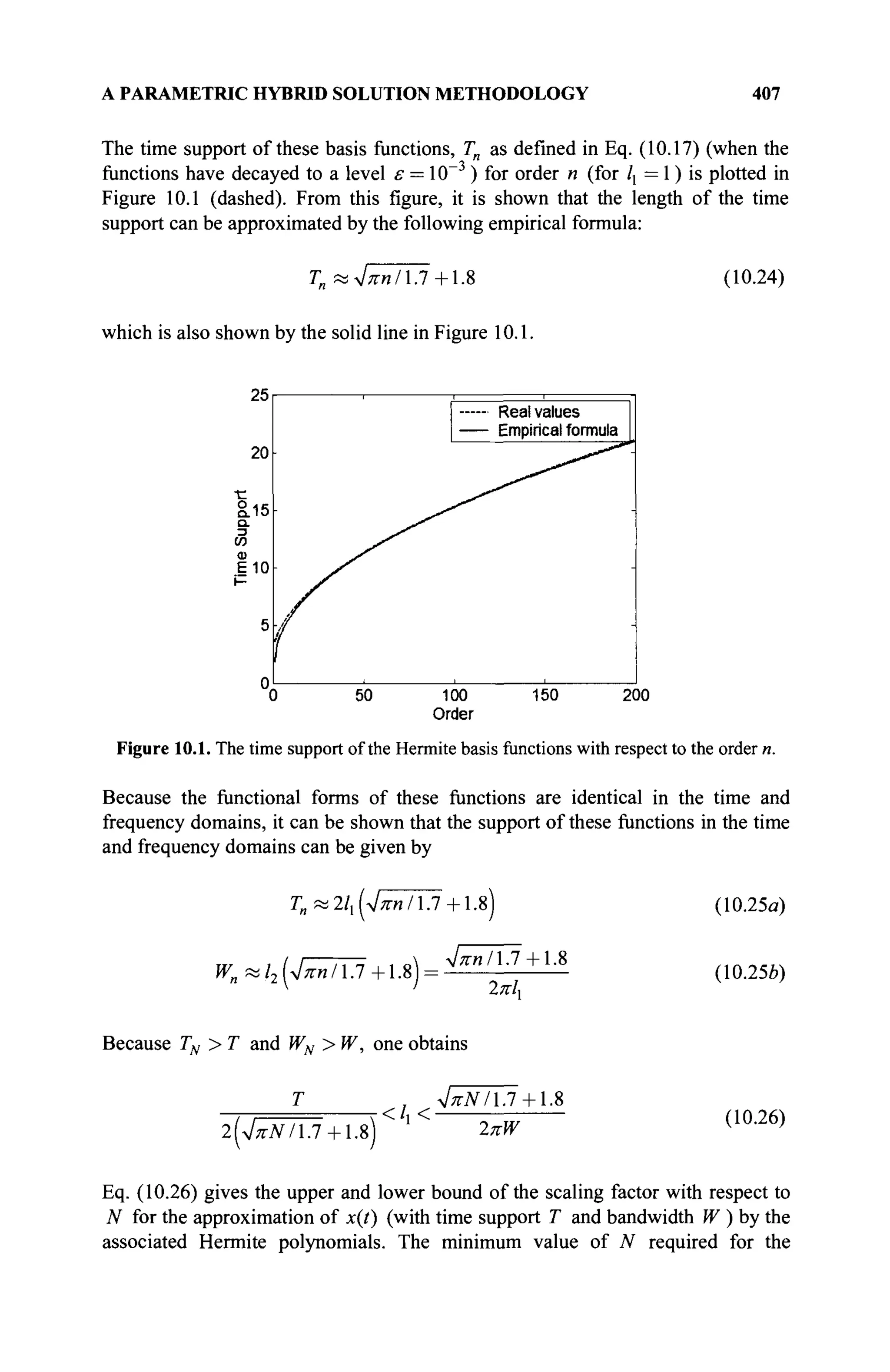 A PARAMETRIC HYBRID SOLUTION METHODOLOGY 407
The time support of these basis functions, Tn as defined in Eq. (10.17) (when the
functions have decayed to a level ε = 10~3
) for order n (for lx = 1 ) is plotted in
Figure 10.1 (dashed). From this figure, it is shown that the length of the time
support can be approximated by the following empirical formula:
T„ «л/л-и/1.7 +1.8 (10.24)
which is also shown by the solid line in Figure 10.1.
25
20
&15
Q .
w
Ф
ЕЮ
/
Real values
Empirical formula
"^
0 50 100 150 200
Order
Figure 10.1. The time support of the Hermite basis functions with respect to the order n.
Because the functional forms of these functions are identical in the time and
frequency domains, it can be shown that the support of these functions in the time
and frequency domains can be given by
Τηπ21{(^πηΙ.Ί + .%)
W„
;«/2 (>/^и/1.7+1.8):
Уятг/1.7+1.8
2я7,
(10.25α)
(10.25e)
Because TN >T and WN > W, one obtains
T
2(Vtf/V/1.7 + 1.8)
</;<
Ул-7У/1.7 + 1.8
2nW
(10.26)
Eq. (10.26) gives the upper and lower bound of the scaling factor with respect to
N for the approximation of x(t) (with time support T and bandwidth W ) by the
associated Hermite polynomials. The minimum value of T
V required for the
 