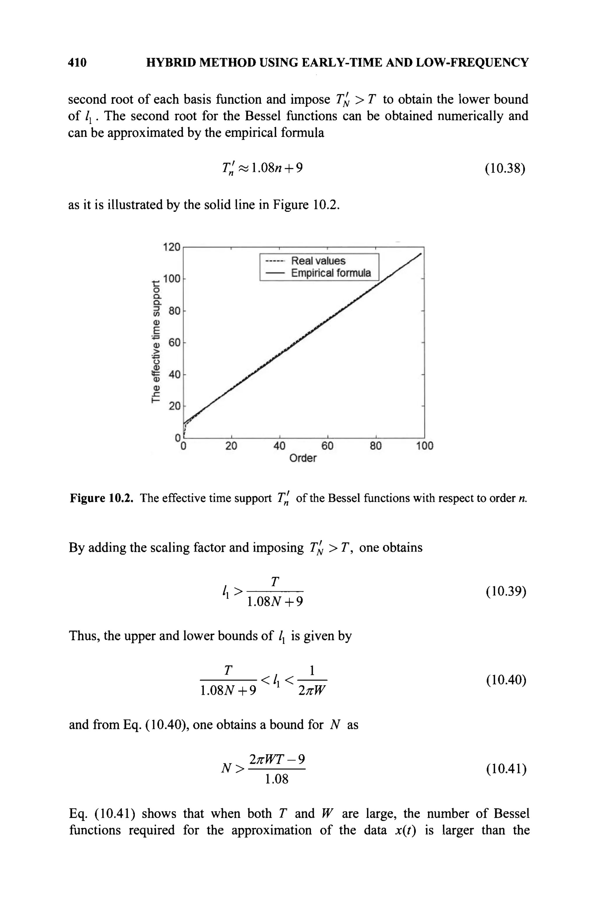 410 HYBRID METHOD USING EARLY-TIME AND LOW-FREQUENCY
second root of each basis function and impose T^>T to obtain the lower bound
of /j. The second root for the Bessel functions can be obtained numerically and
can be approximated by the empirical formula
Ги'» 1.08л+ 9 (10.38)
as it is illustrated by the solid line in Figure 10.2.
Figure 10.2. The effective time support Tn of the Bessel functions with respect to order n.
By adding the scaling factor and imposing T^ > T, one obtains
/,> (10.39)
1
1.08W + 9
Thus, the upper and lower bounds of lx is given by
T
</!<—!— (10.40)
1.08Л/Ч-9 2πΨ
and from Eq. (10.40), one obtains a bound for N as
2Л-ИТ-9
N> (10.41)
1.08
Eq. (10.41) shows that when both T and W are large, the number of Bessel
functions required for the approximation of the data x(t) is larger than the
 