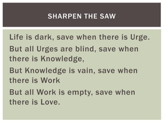Life is dark, save when there is Urge.
But all Urges are blind, save when
there is Knowledge,
But Knowledge is vain, save ...