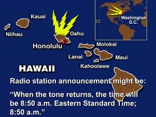 Radio station announcement might be:
―When the tone returns, the time will
be 8:50 a.m. Eastern Standard Time;
8:50 a.m.‖
 
