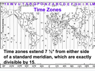 Time Zones




Time zones extend 7 ½° from either side
of a standard meridian, which are exactly
divisible by 15.
 