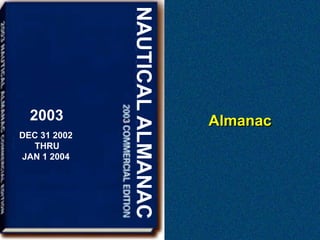 NAUTICAL ALMANAC
  2003                           Almanac
DEC 31 2002
  THRU
JAN 1 2004
 
