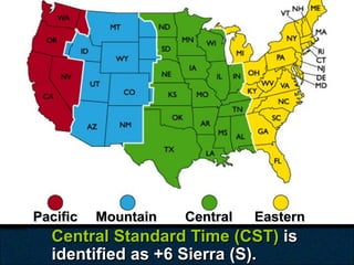 Pacific   Mountain   Central   Eastern
  Central Standard Time (CST) is
  identified as +6 Sierra (S).
 