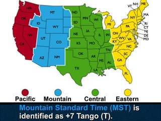 Pacific   Mountain   Central   Eastern
 Mountain Standard Time (MST) is
 identified as +7 Tango (T).
 