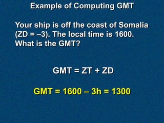 Example of Computing GMT

Your ship is off the coast of Somalia
(ZD = –3). The local time is 1600.
What is the GMT?


          GMT = ZT + ZD

     GMT = 1600 – 3h = 1300
 